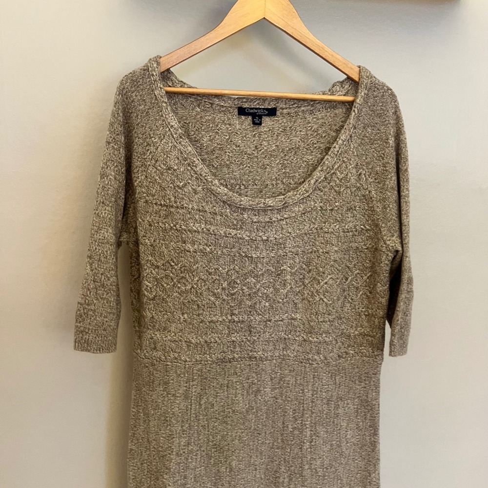 Chadwicks of Boston Marled Tan Cable Knit Lambswool 3/4 Sleeve Sweater Dress XL - Picture 2 of 10